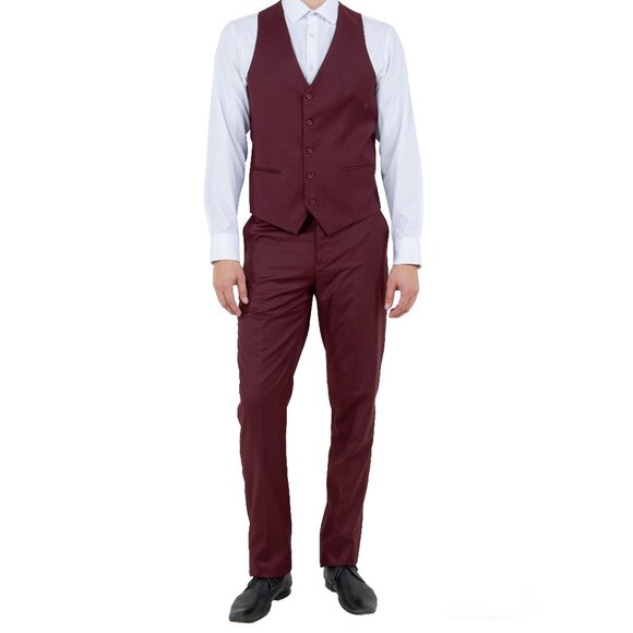Solid Burgundy 3 Piece Slim Fit Tazzio Men's Suit - Picture 3 of 6